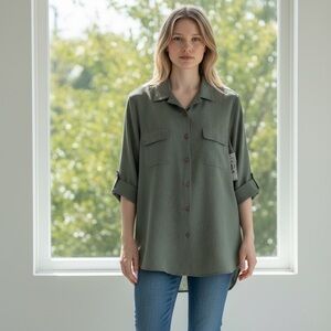 #295 TanJay NWT Olive Shirt with Brown Buttons